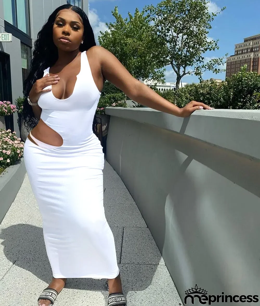 Sexy Solid Hollow Out Sleeveless Maxi Dress
