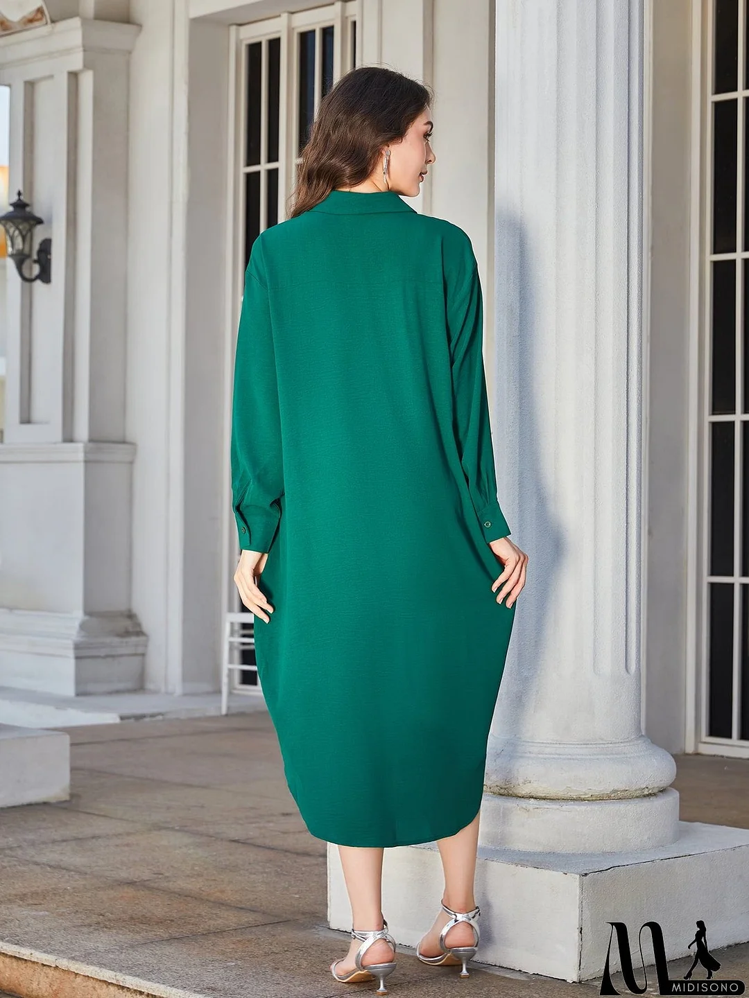 MidiSono - Collared Neck Long Sleeve Midi Shirt Dress