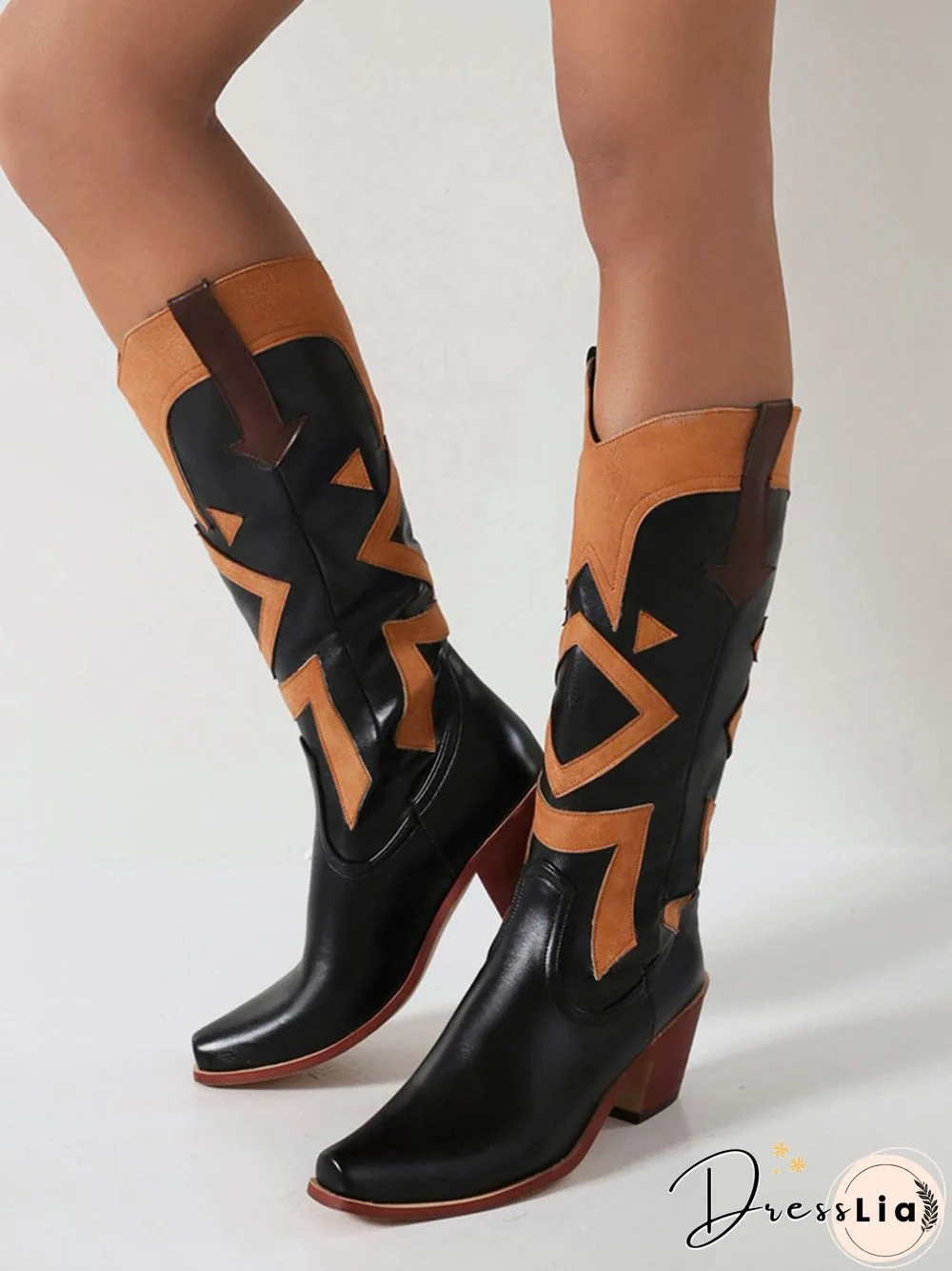 Colorblock Square Toe Block Heel Western Cowboy Boots