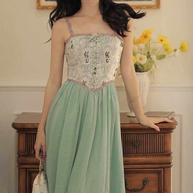 Fairy Tales Aesthetic Vintage Lace Up Patchwork Dress QueenFunky