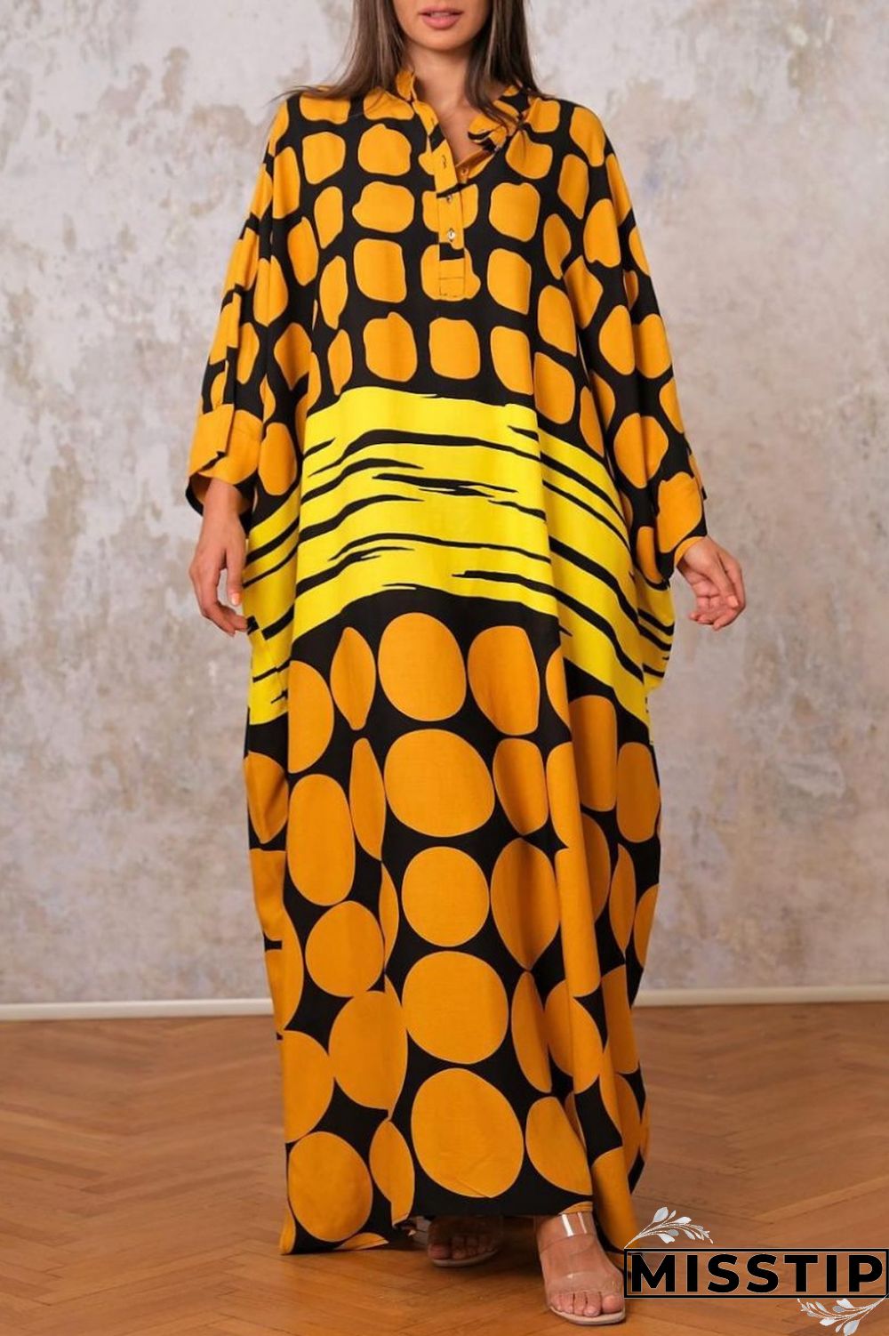 Yellow Casual Print Patchwork O Neck Long Dress Dresses
