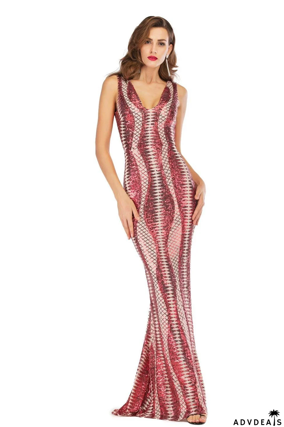 Sexy Red Sequined V Neck Sparkly Bodycon Prom Dress