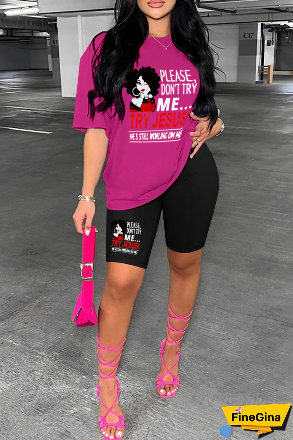 Pink Casual Print Basic O Neck Short Sleeve Two Pieces