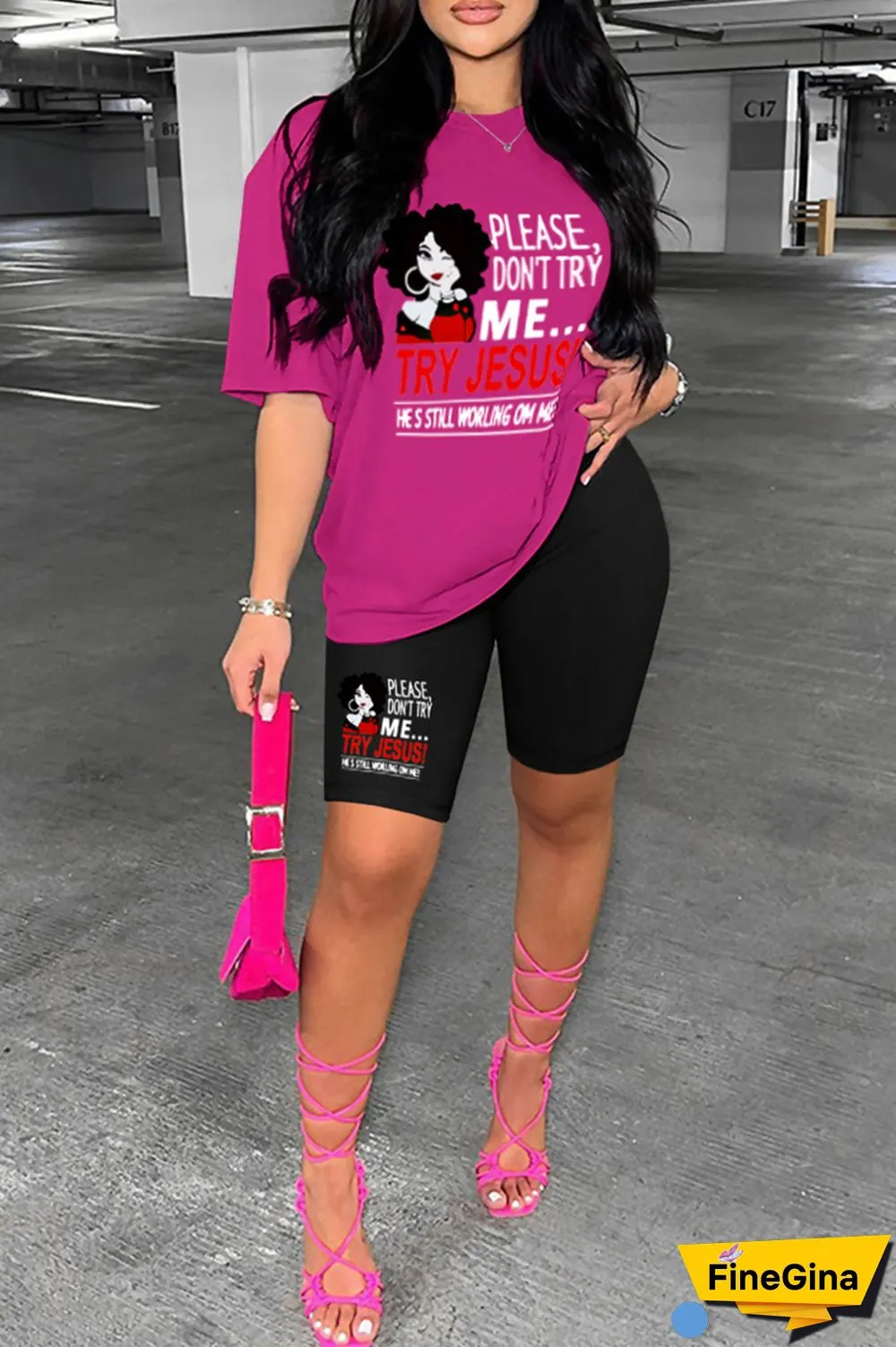Pink Casual Print Basic O Neck Short Sleeve Two Pieces