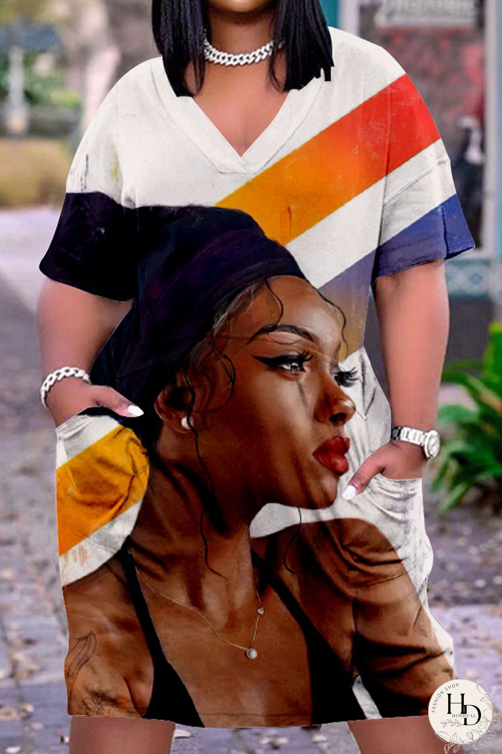 Purple Casual Print Patchwork V Neck Straight Dresses