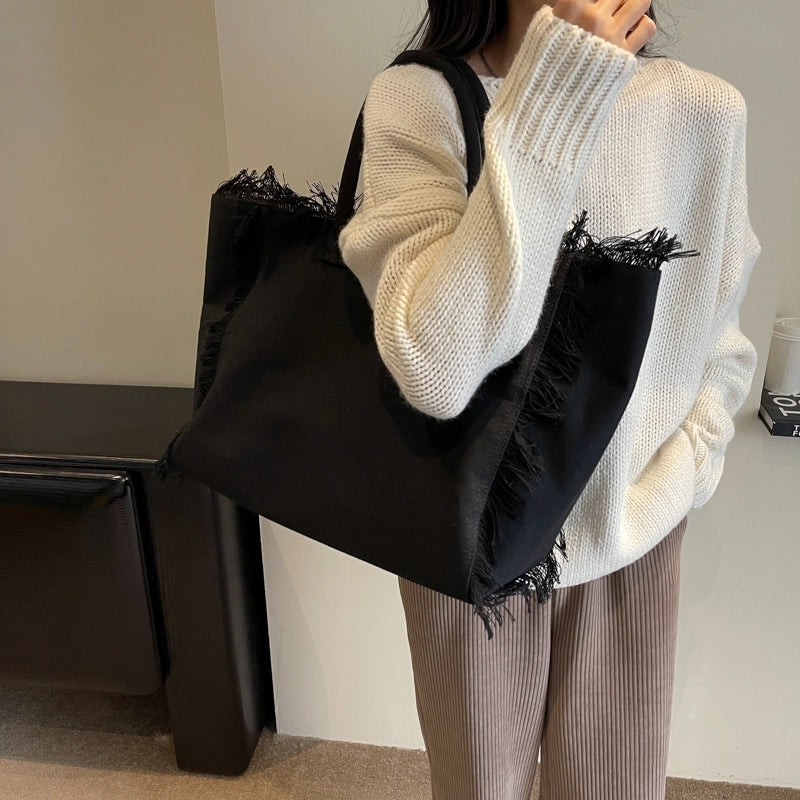 Women’s Canvas Solid Color Basic Streetwear Sewing Thread Square Open Shoulder Bag Square Bag Underarm Bag