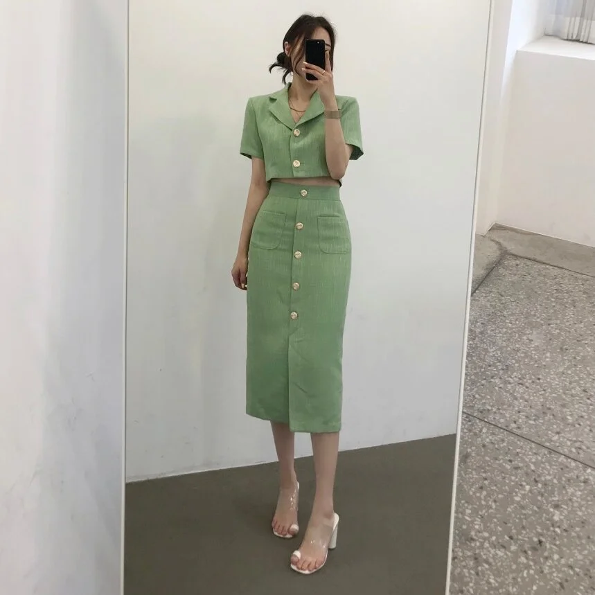 Toloer Toloer Korea Elegant Lapel Thin Tweed Small Suit Short Jacket + High Waist Chic Button Slim Womens Two Piece Skirt Sets Summer 1127-0-Outfit Ideas