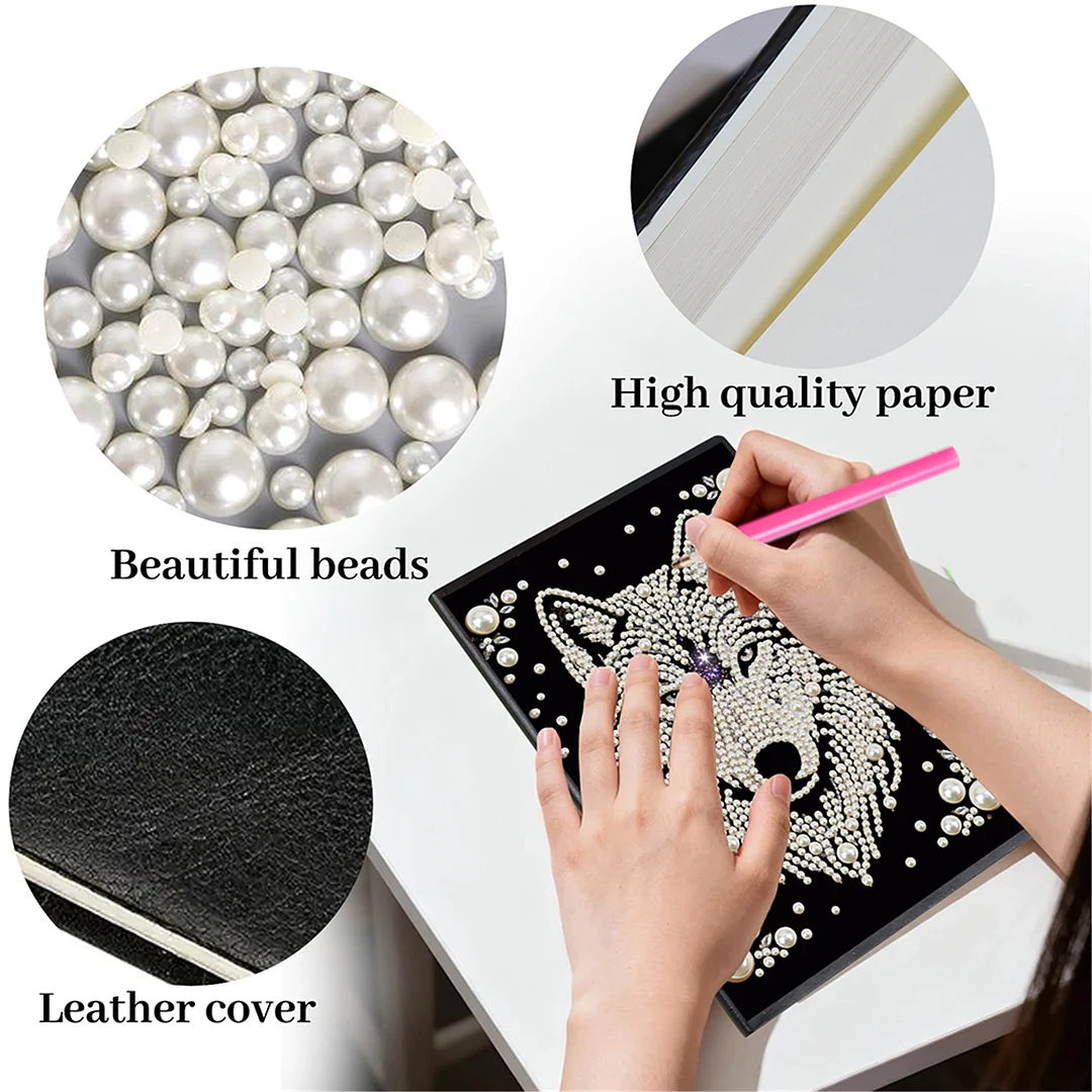 Wolves Partial Pearl DIY 50 Pages A5 Diamond Painting Notebook Special Shaped Diamond Art Diary Book Kits Wireless Strip 5D Crystal Art Paintings Sketchbook for Art Drawing