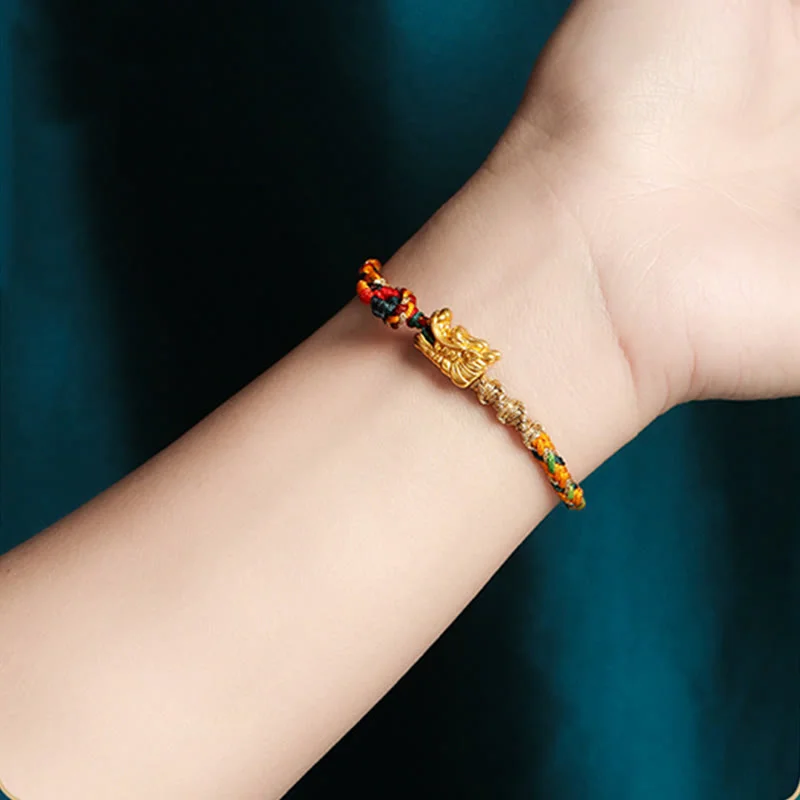 999 Sterling Silver Handmade Dragon Eight Thread Knot Colorful Luck Strength String Bracelet