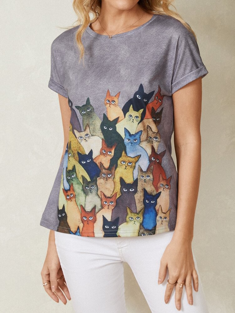 Cartoon Cat Print Short Sleeve O neck Casual T Shirt For Women P1815066