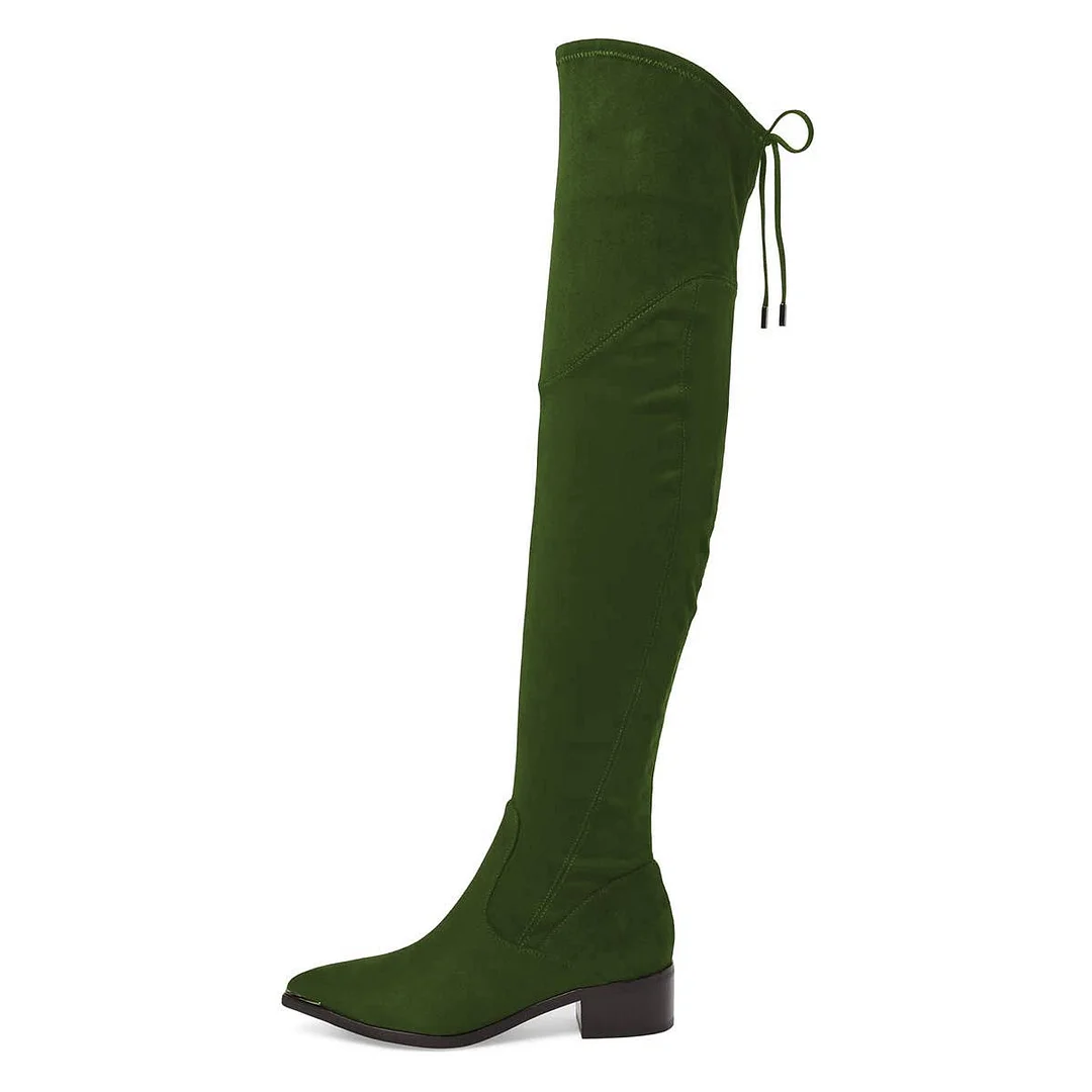 Full Green Pointed Toe Suede Over the Knee Boots Low Chunky Lace Up Boots Nicepairs