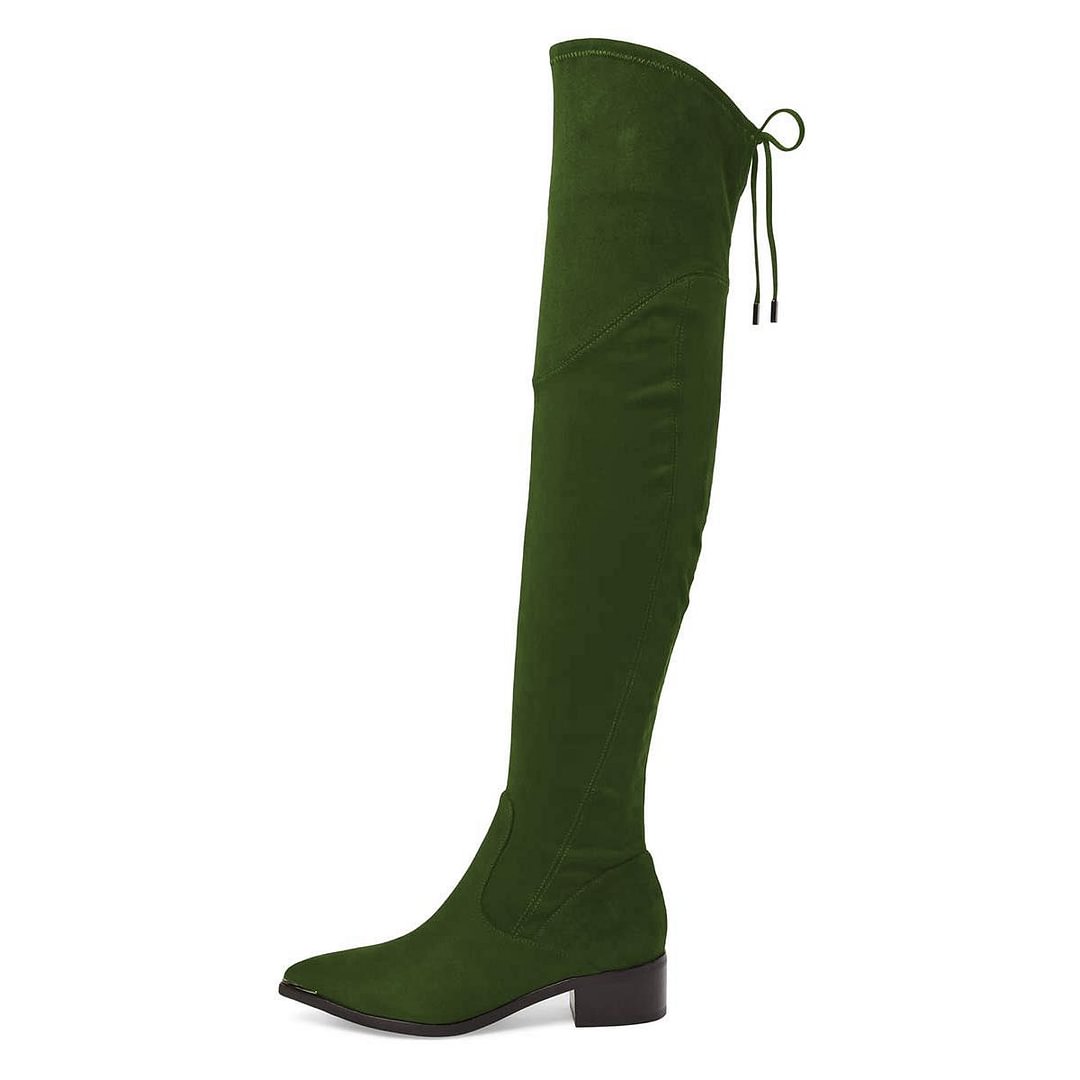Full Green Pointed Toe Suede Over the Knee Boots Low Chunky Lace Up Boots Nicepairs