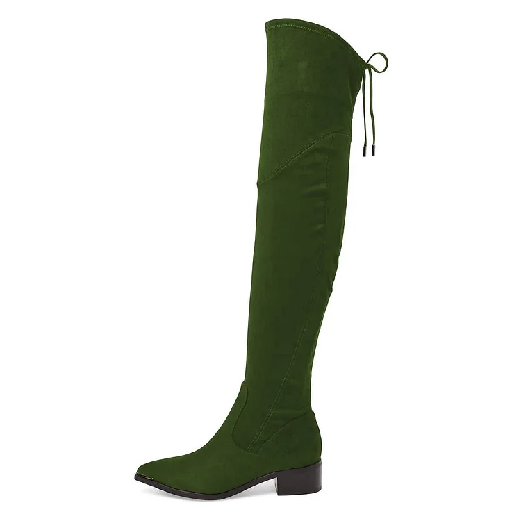 Full Green Low Chunky Lace Up Over the Knee Suede Boots for Women Vdcoo