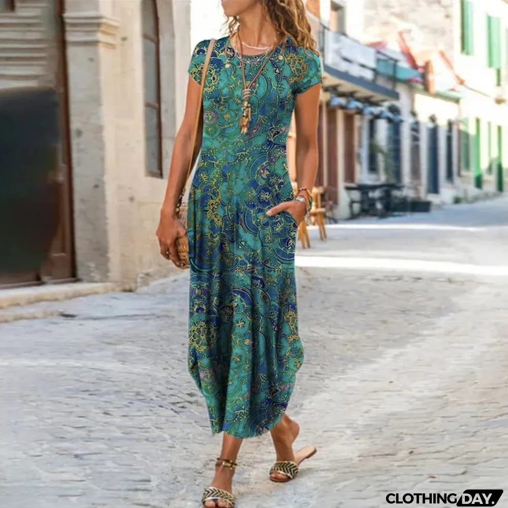 Fashion Floral Print Casual Short Sleeve Bohemian Retro Slim Maxi Dress