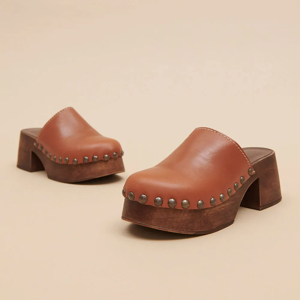 Brown Round Toe Chunky Heel Platform Studded Women's Mules Shoes
