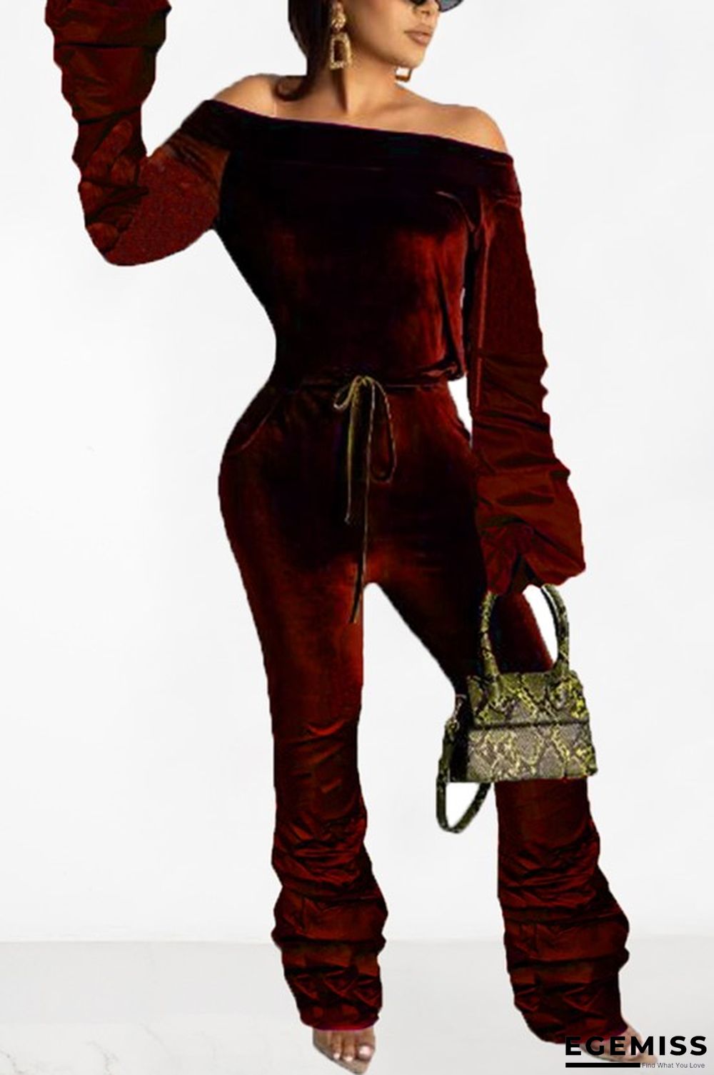 Wine Red street Draped Solid Long Sleeve one word collar | EGEMISS