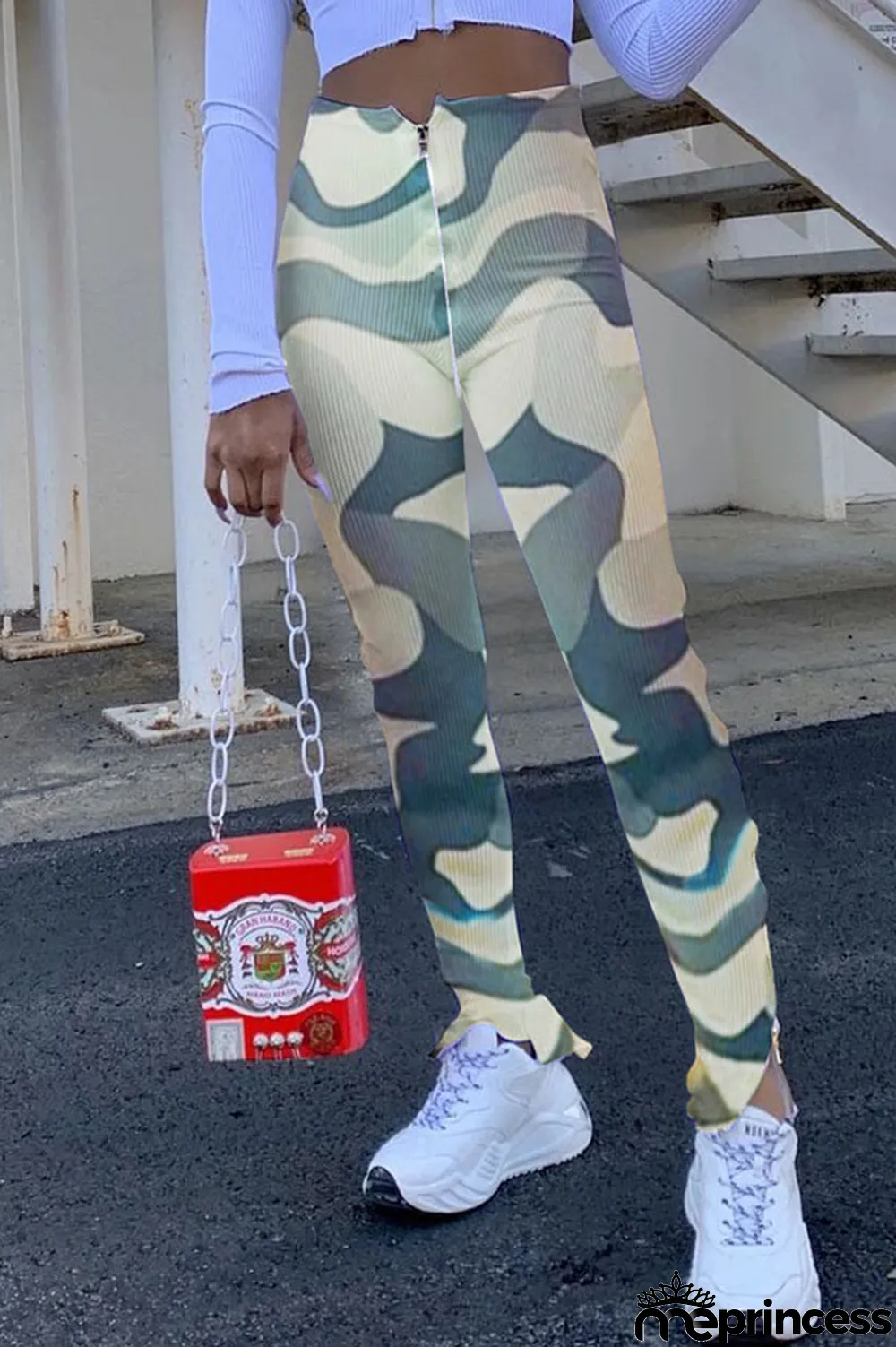 Red Polyester Zipper Fly High Print pencil Pants Bottoms