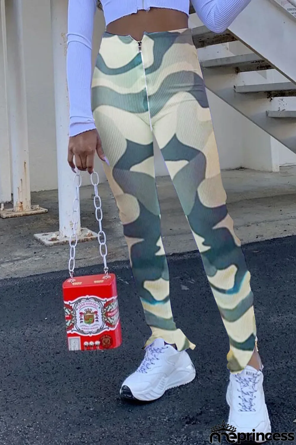 Red Polyester Zipper Fly High Print pencil Pants Bottoms