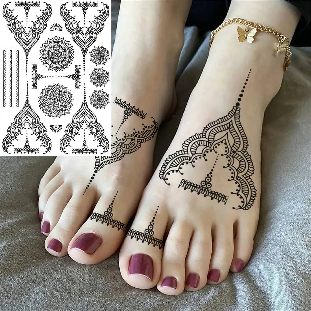 Large Henna Flower Temporary Tattoos For Women Girl Adult Tribal Mandala Tattoo Sticker Fake Transferable Black Tatoo Hands Foot