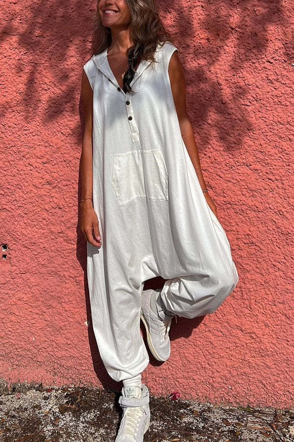 Hooded Button Pants Jumpsuit