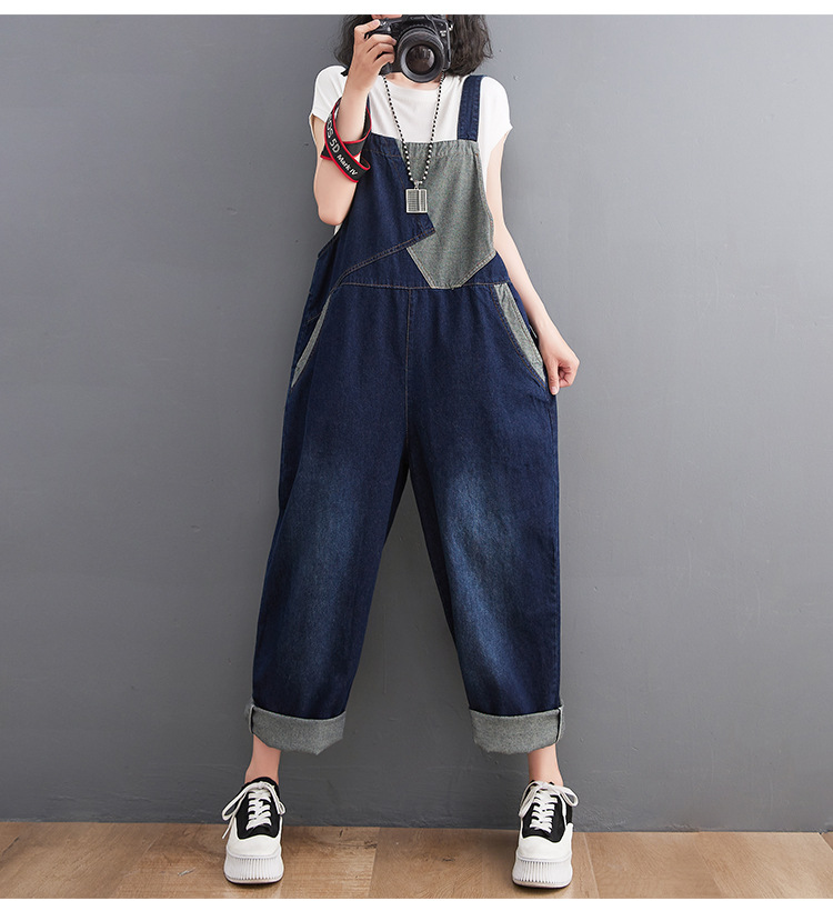 Loose Contrast Splicing Denim Suspender Jumpsuit