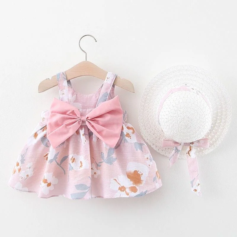 1 to 4 Years 2021 New Fashion Baby Girl Sleeveless Dresses Princess clothing Cute 2pcs set Party Cotton Flower Children Bow Hat