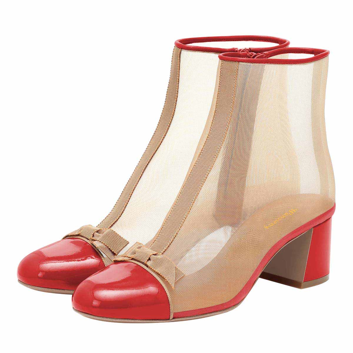 Red & Nude Bow Mesh Cap Toe Block Heel Zipper Booties for Women Nicepairs