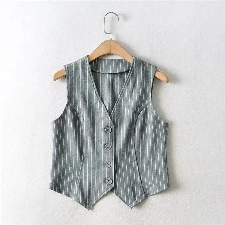 Women's Vest Blazers Striped Crop Tops and Blouses Single Breasted Sleeveless Femme Tanks Vintage Slim V neck Fashion Spring trf