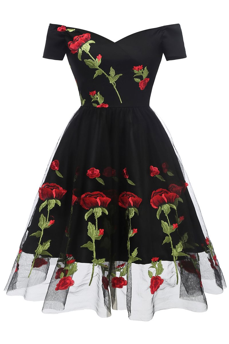 1950s Black Retro Lace Rose Print Casual A-Line Elegant Midi Dress