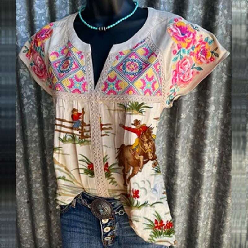 Vintage Floral Printed Women T Shirts V Neck Short Sleeve Aesthetic Ethenic T-Shirt Summer Cotton Linen Plus Size Tops Blusa
