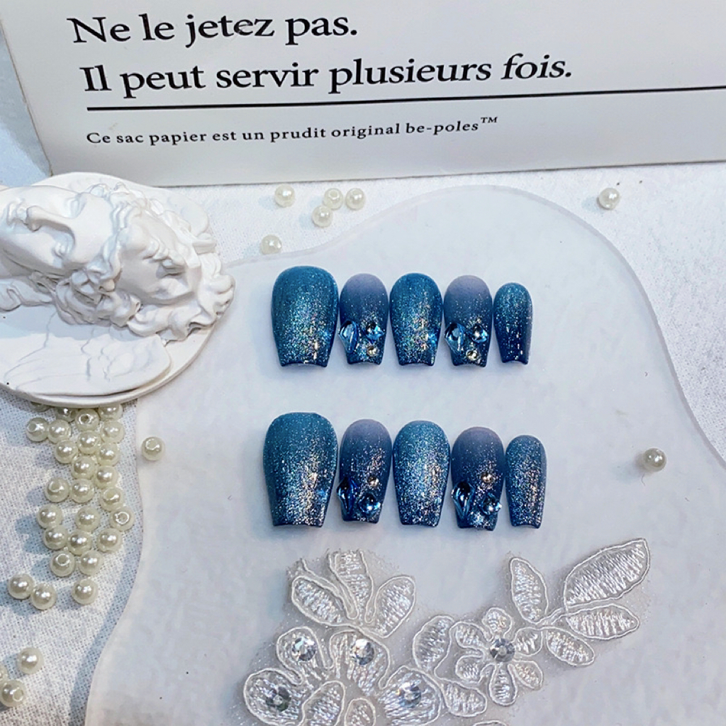 Dreamy Starry Night Blue Cat Eye Press-On Nails