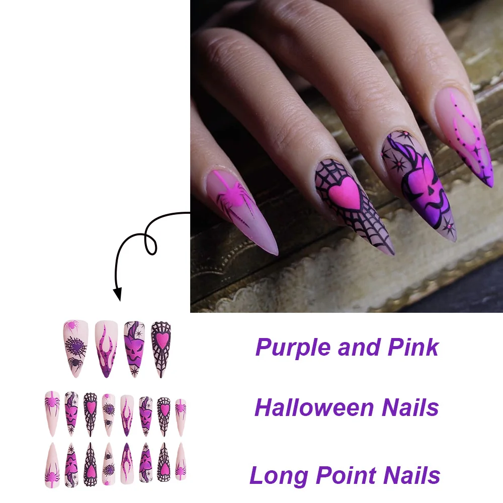 Churchf Churchf Long Pointed Nail Spider Web Purple Heart Cool Purple Halloween Element Fake Nail Finished Products Wear Nail Holiday Nail