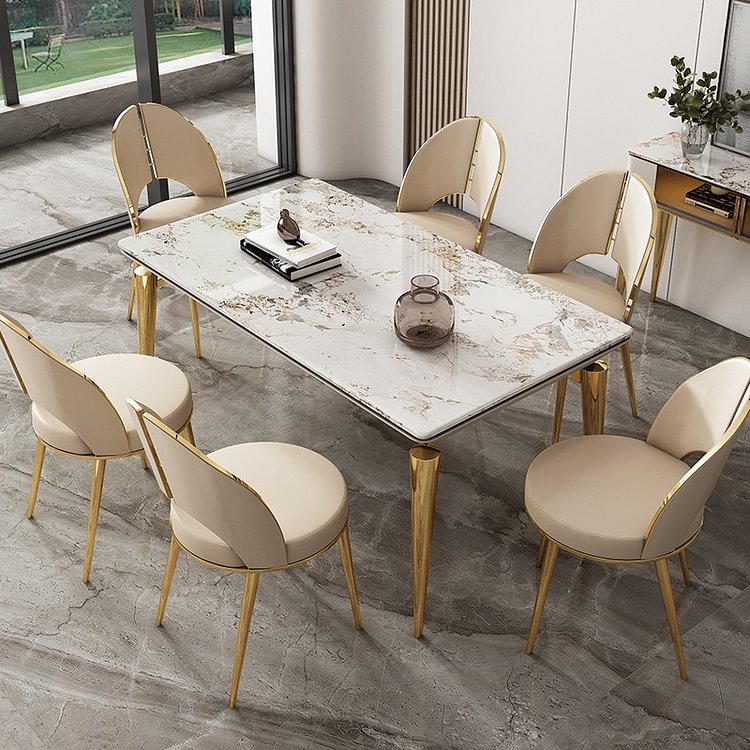 Homemys Modern Sintered Stone Dining Table For Dining Room Rectangle Pandora Stone With Gold Legs