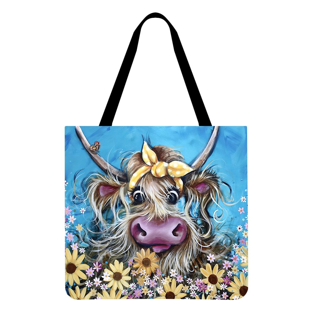 Linen Tote Bag -  Cow in the Flowers