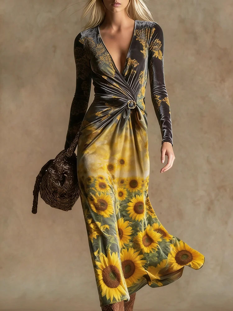 Elegant vintage print V-neck velvet maxi dress