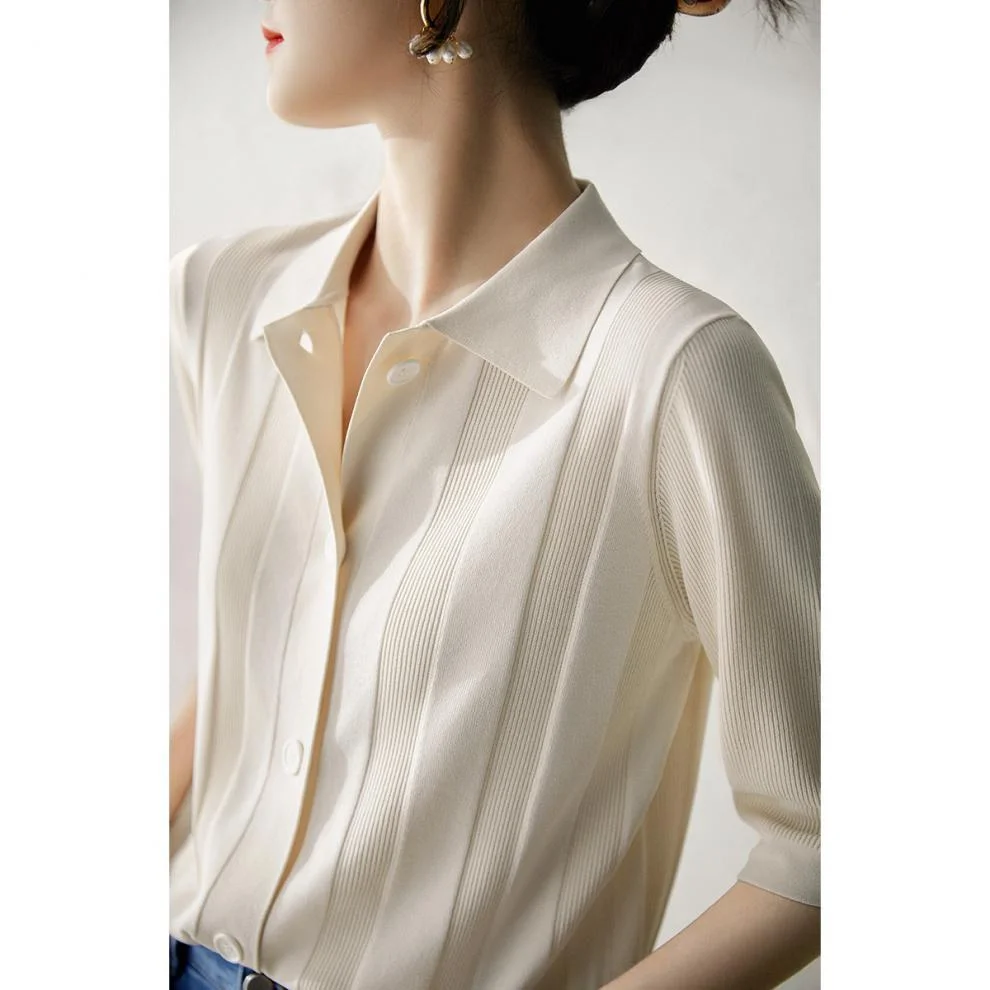 Uveng Uveng High-End Simple Style Polo Shirt Female Summer Temperament Wearing Knitted Short-Sleeved Open-Sleeve Ice Blouse