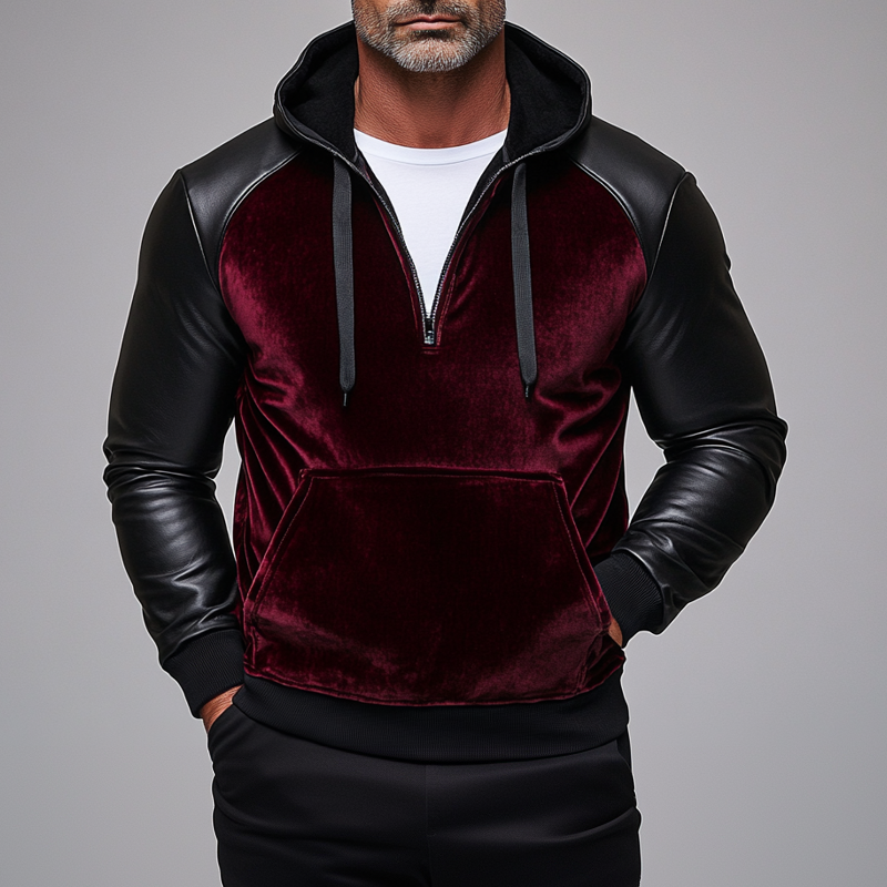 Men's Velvet PU Leather Colorblock Pocket Half Zip Drawstring Hoodie