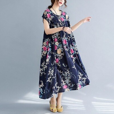 2021 New Short Sleeve Loose Summer Dresss Soft Cotton Linen Floral Printing Women Casual Dress Oversized Boho Style Maxi Dress