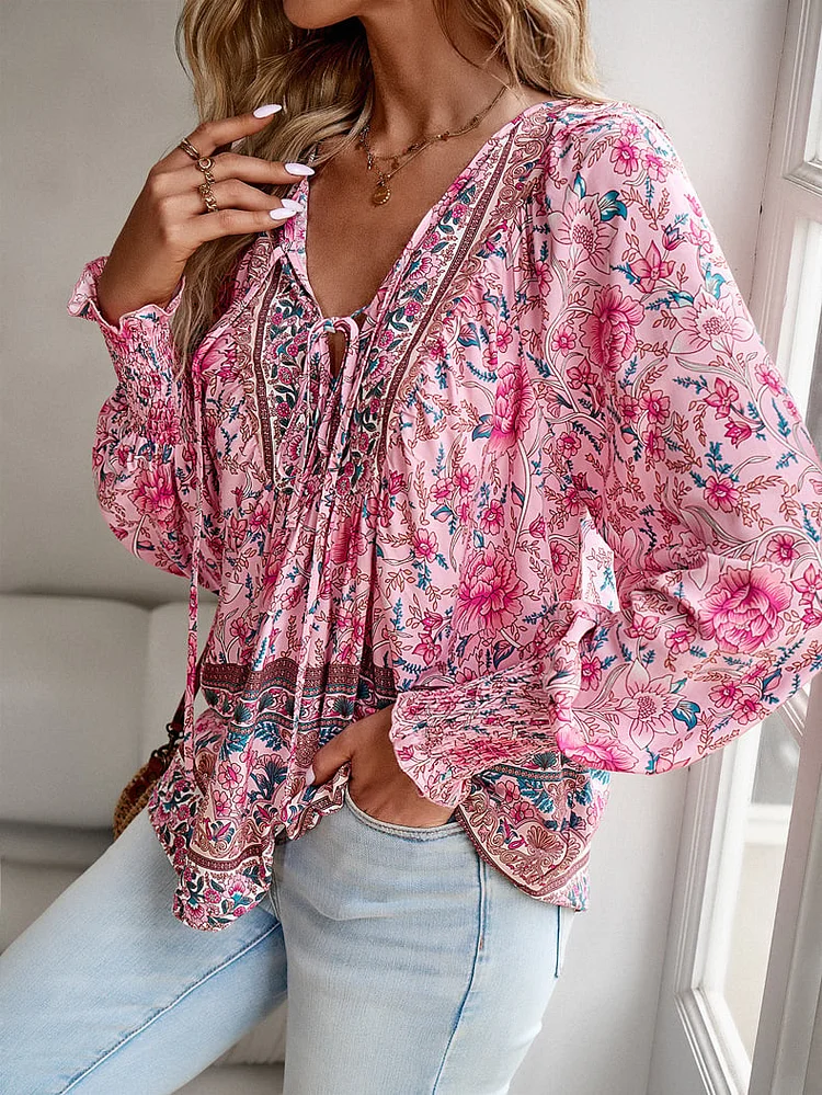 🌸Late Spring Promotion💐 Women's Fashion Printed v-Neck Long Sleeve Shirt 