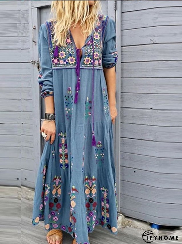 Bohemia Casual Dress Shift Boho Long Maxi Red Blue Brown Sleeve Floral Print Summer Fall | IFYHOME