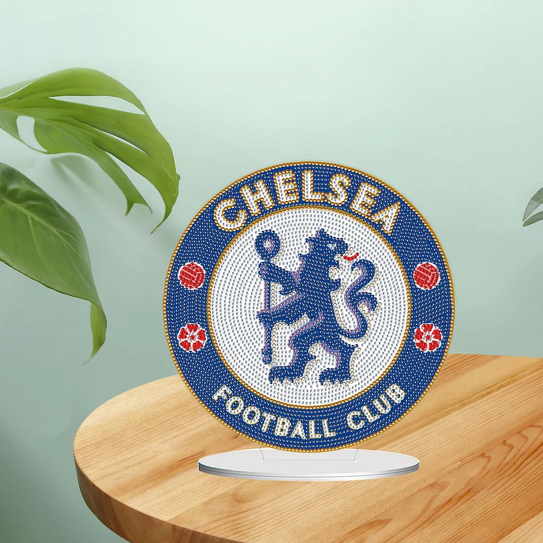 5D DIY Chelsea Football Club Acrylic Special Shape Diamond Painting Desktop Ornaments Stand Up 5D Gem Painting Crafts for Home Office Table Top Decor