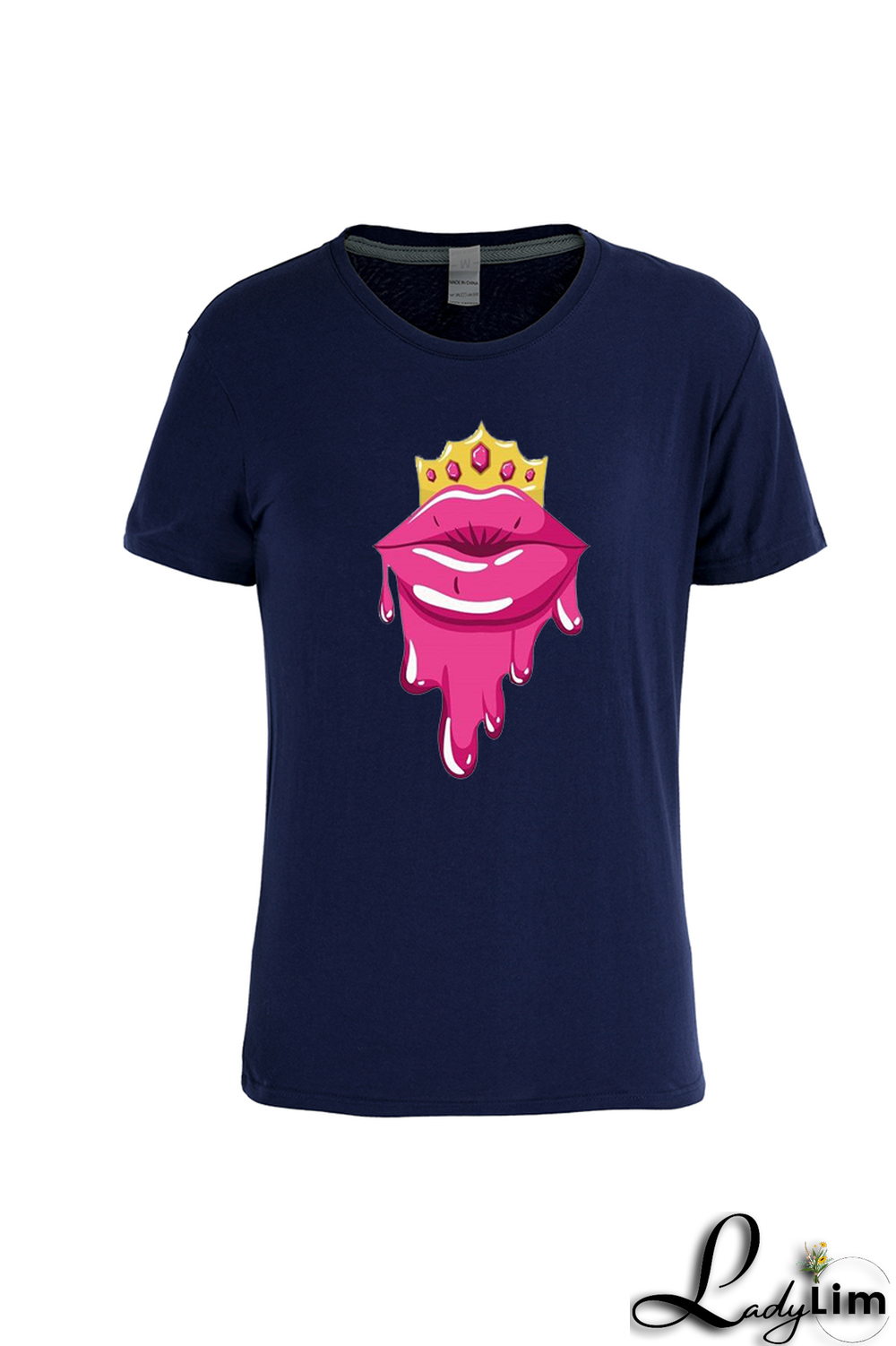 Navy Blue Fashion Street Lips Printed Split Joint O Neck T-Shirts