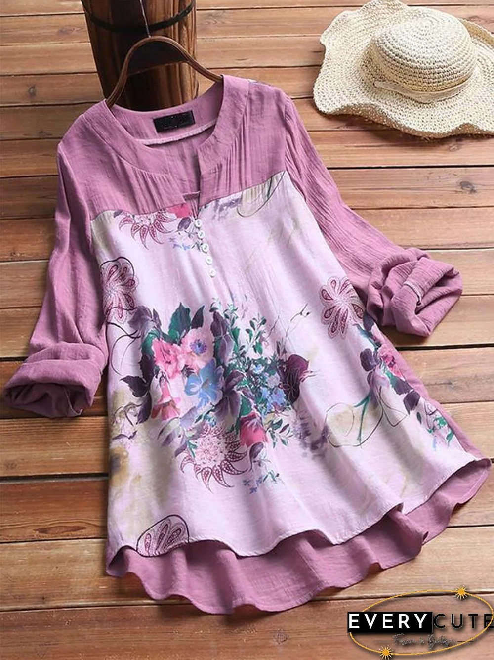 V-neck Random Floral Printed Long Sleeve Plus Size Blouse