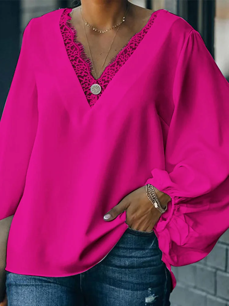 Solid color V-neck long-sleeved lace blouse SKUH85599 QueenFunky