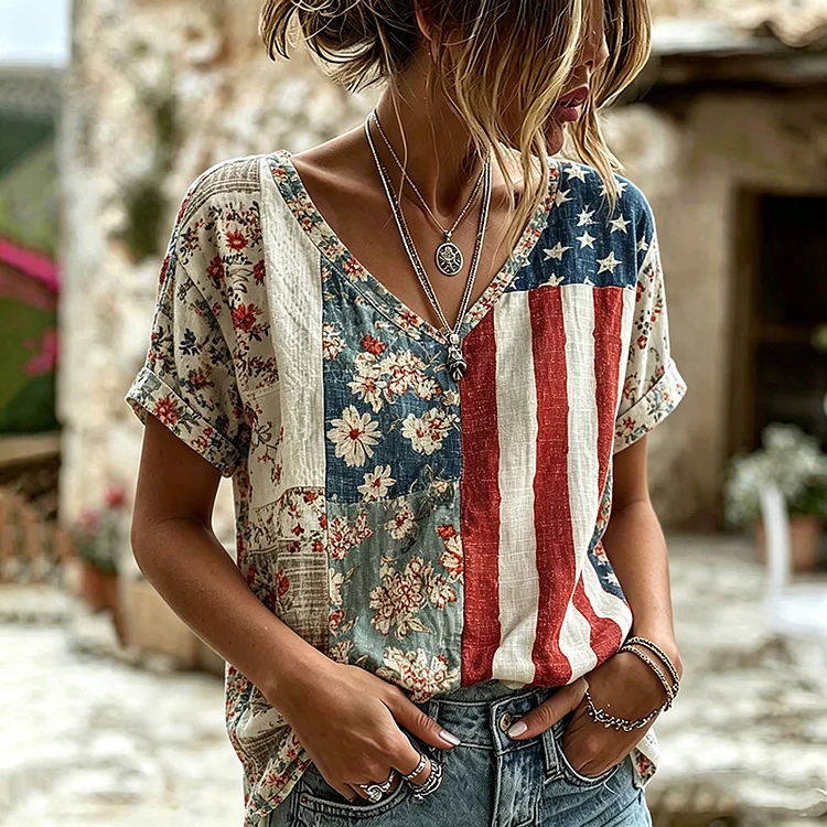 Women's Vintage Patchwork Art Print V Neck Linen Blend T-shirt