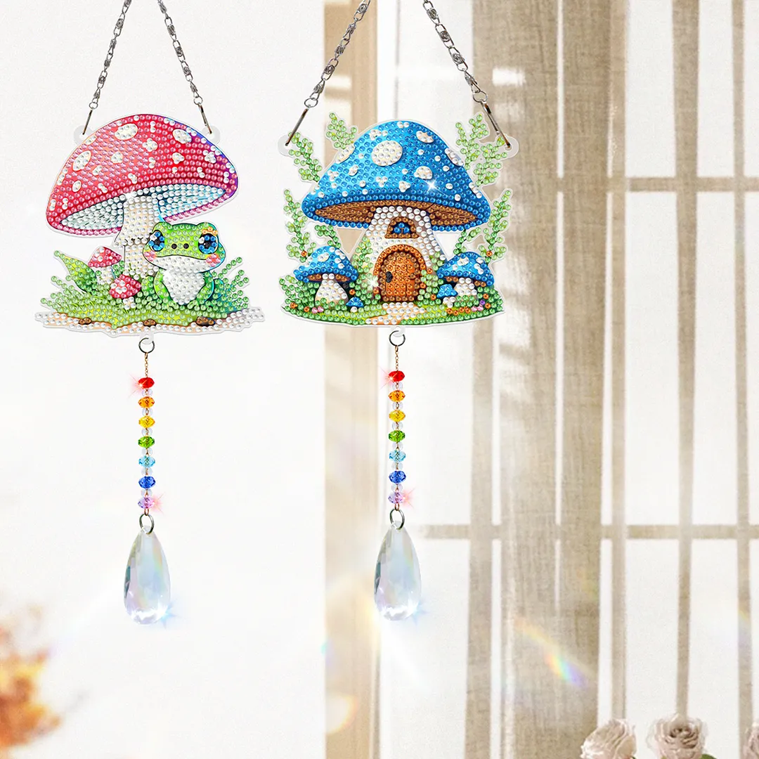 2Pcs Mushroom House DIY Double-Sided Diamond Painting Hanging Kits Diamond Painting Suncatcher Craft Kit for Home Garden Wall Decor Gift