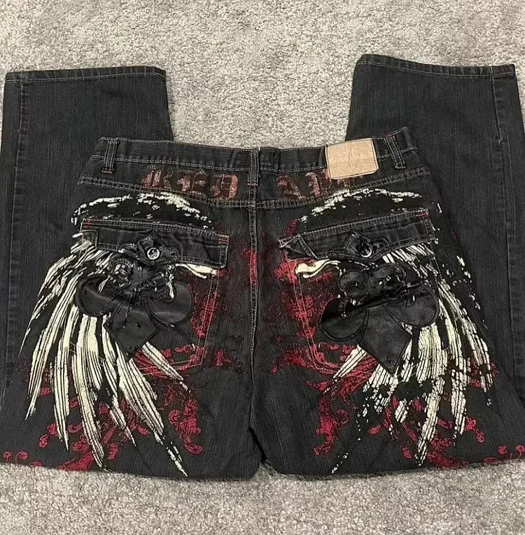 Wing Embroidery Wide Leg Pants