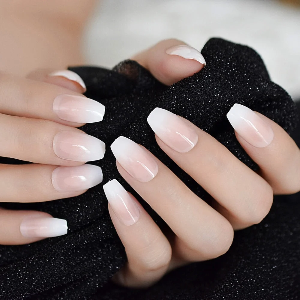 Pink Nude White French Ballerina Coffin False Nails Gradient natural Manicure Press on Fake Nails Tips Daily Office Finger Wear