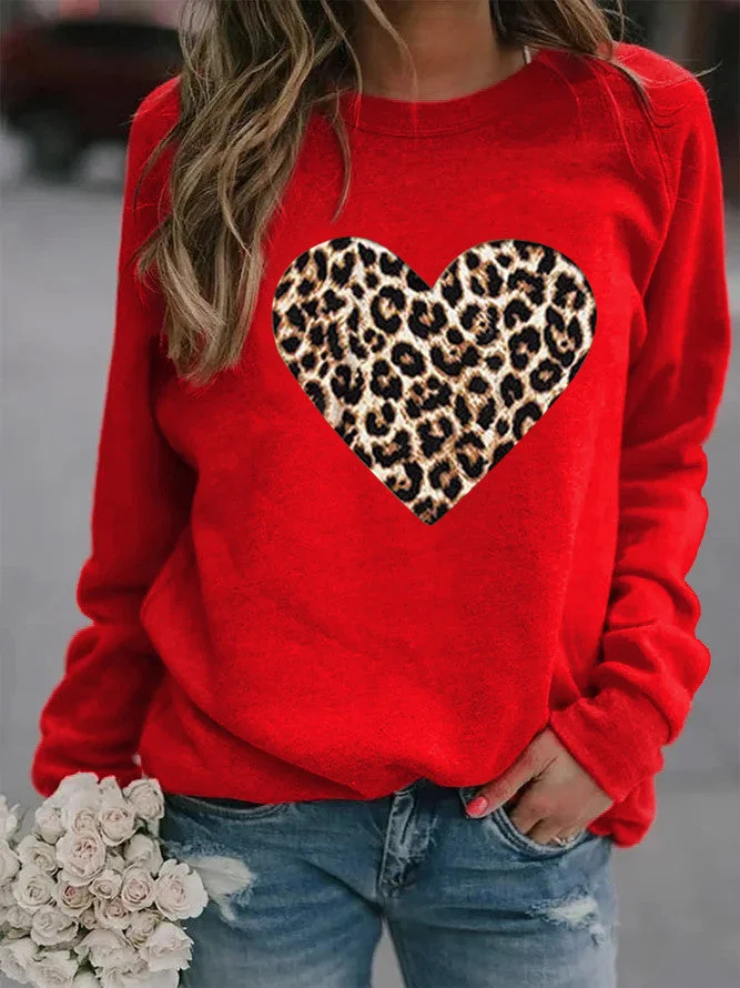 Uveng Round Neck Leopard Print Heart Printing Hooded Veet Coats