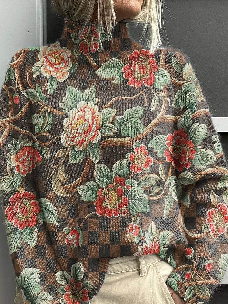 Vintage Flower Art Print Knit Turtleneck Pullover Sweater
